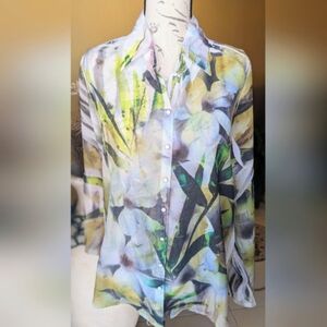 David Cline Sheer Floral Button Down Shirt Green Yellow Size Large